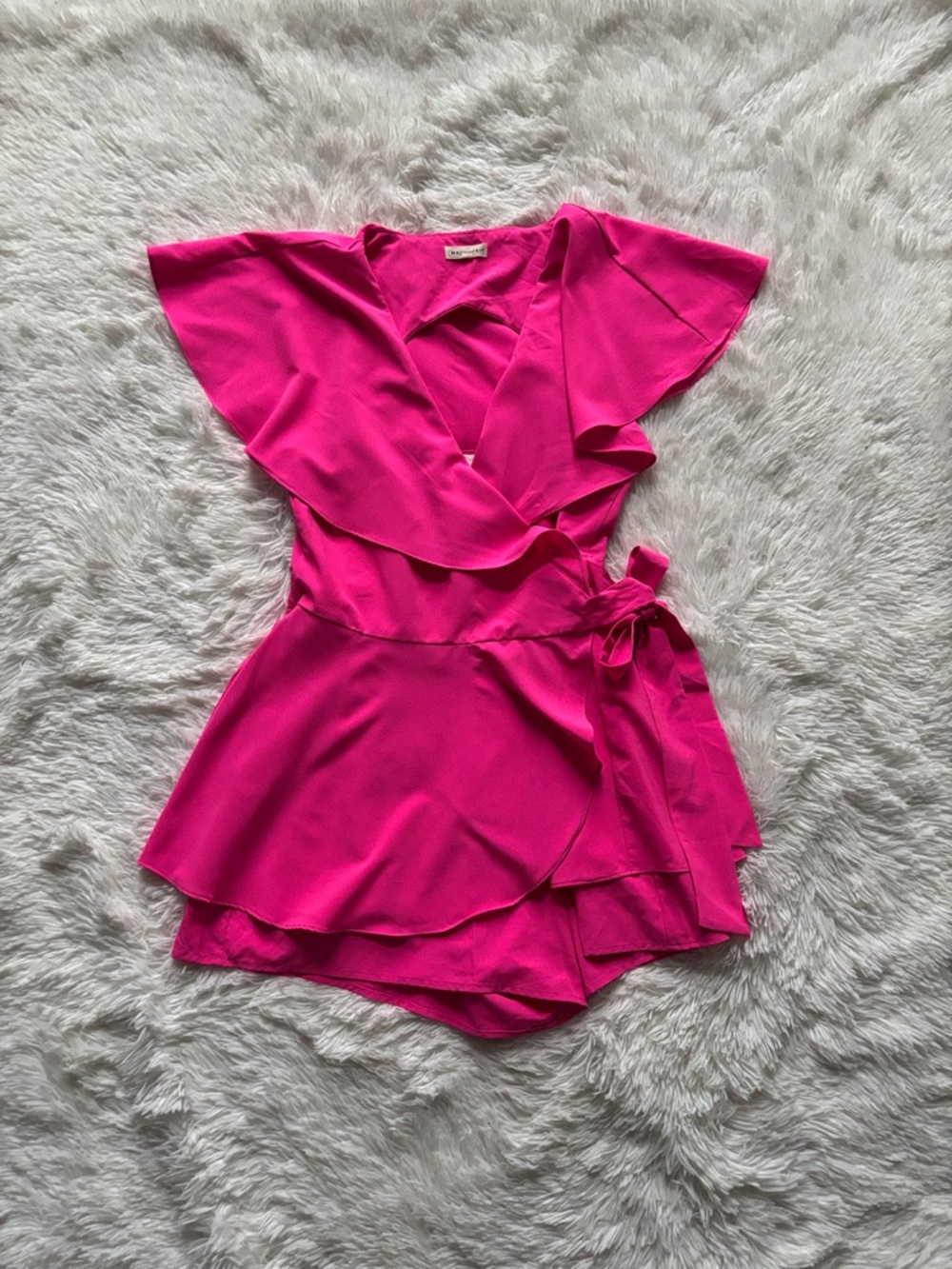 Main Strip Hot Pink Flutter-Sleeve Wrap Romper/Dress